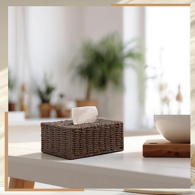 Tissue Box Cover Rectangle Natural Paper Rope Hand Woven Tissue Box Holder for Bathroom Living Room Bedroom Kitchen Table Desk Office Farmhouse Home Decor(Dark Brown)