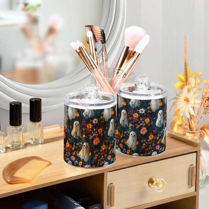 2 Pack Qtip Holder Organizer Dispenser Cute Ghosts with Flowers Bathroom Storage Canister Cotton Ball Holder Container for Cotton Pads/Swabs/Floss
