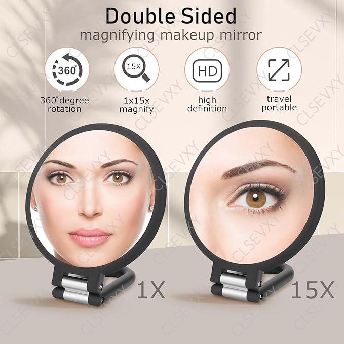 CLSEVXY Magnifying Handheld Mirror Double Sided, 1X 15X Magnification Hand Mirrors, Travel Folding Hand Held Mirror, 360°Rotation Pedestal Makeup Vanity Mirror