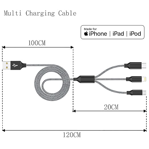 Xnewcable Multi Charging Cable 4ft 3Pack 3 in 1 Charger Cord, Multiple Rapid Nylon Braided Cable USB Charging Cable Multi Phone Charger Cord with Type C Micro Lightning USB Connectors for Cell Phones