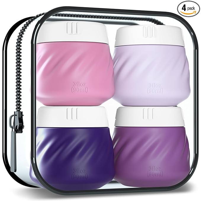 Gemice Silicone Cream Jars TSA Approved Travel Size Containers with Clear Bag, Leak-proof Travel Accessories with Lid for Cosmetic Face Body Hand Cream (4 Pack)