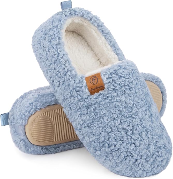 EverFoams Women’s Soft Curly Full Slippers Memory Foam Lightweight House Shoes Cozy Loafer with Polar Fleece Lining