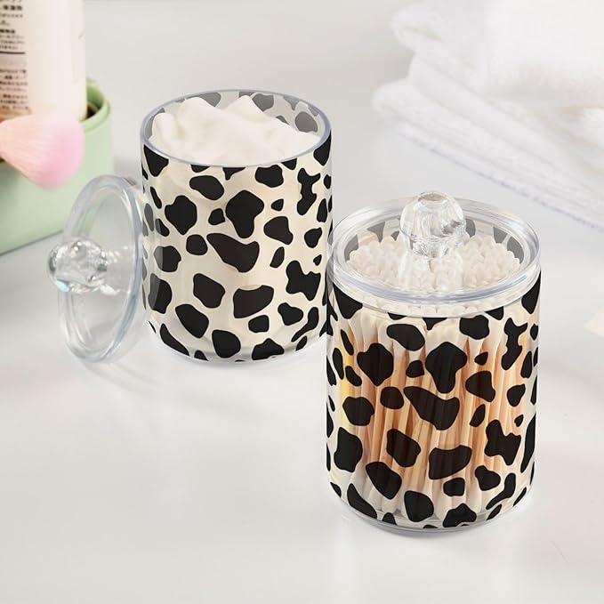 2 Pack Qtip Holder Organizer Dispenser Black Cow Skin Print Bathroom Storage Canister Cotton Ball Holder Container for Cotton Pads/Swabs/Floss