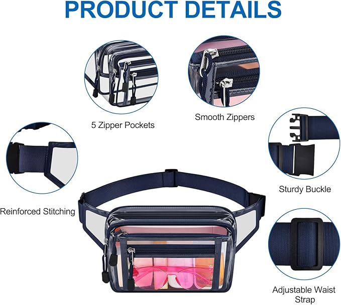 Clear Bag Stadium Approved Clear Fanny Pack for Women for Work,Multi-purpose Waist Bag for Travel & Sporting Event