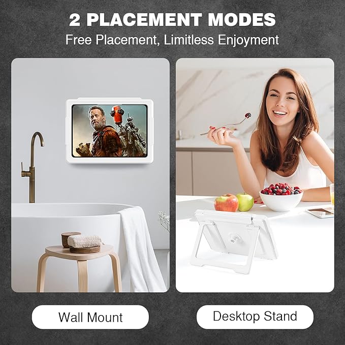 MoKo Shower Tablet Holder, Stretchable Waterproof iPad Holder Fit All Devices Up to 11", 360° Rotation Tablet Wall Mount Holder with Anti-Fog Touchable Screen, 2 Placement Modes, for Bathroom Kitchen