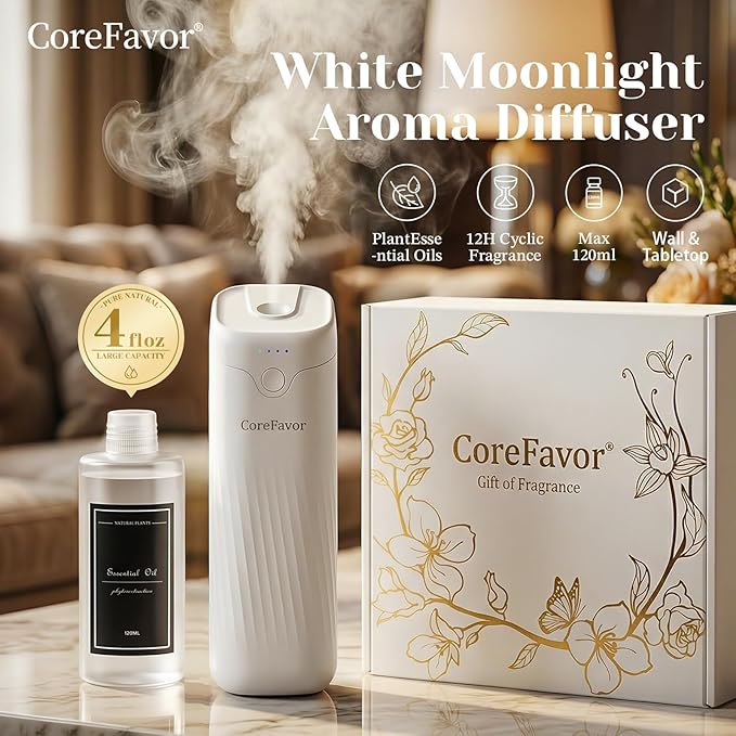 Waterless Essential Oil Diffuser with 120ml Oil, Portable Battery-Operated Cold Air Aroma Scent Machine, 4 Adjustable Intensity Levels, Quiet Diffuser for Bedroom Office Bathroom Car