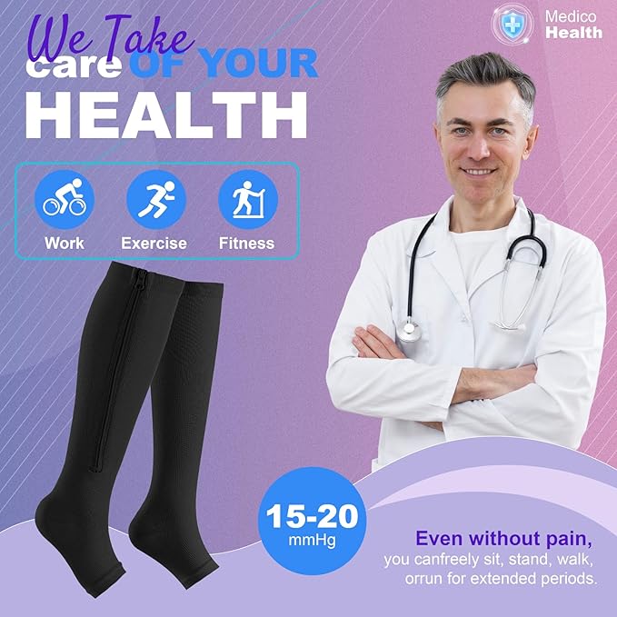 Zipper Compression Socks for Women & Men 2 Pairs，15-20mmhg Open Toe Compression Stockings for Nurse and Long Standing Crowd