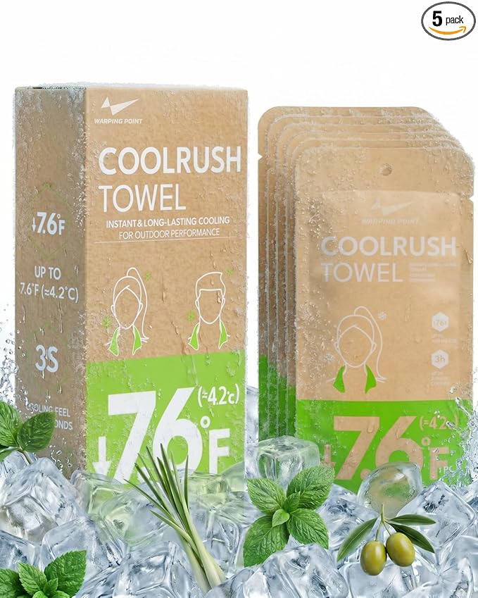 CoolRush Towel for Body – 5 Pack Individually Wrapped Cooling Wipes | Instant Cooling Neck Wrap, Alcohol-Free Sweat Cooling Towel for Adults | Reusable, Travel, Gym, Music Festival, Camping Essentials