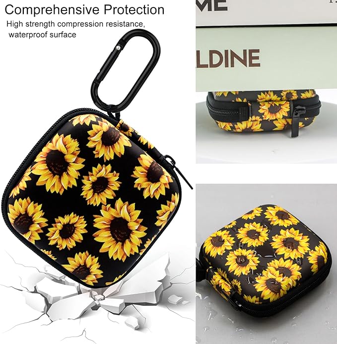Earbud Case,Headphone Organizer Earbud Storage Bag, Hard EVA Shockproof Cover Carrying Case with Carabiner Clip Compatible with AirPods 4 AirPods Pro 2nd /3/2/1 Bose Galaxy (Sunflower)