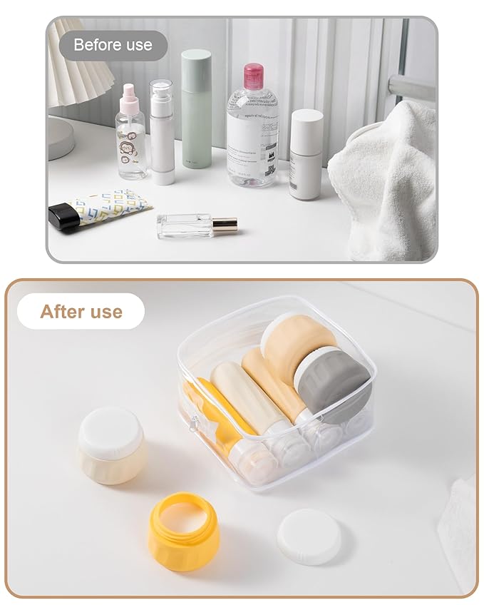 Mrsdry Travel Size Toiletries 8 Pack, TSA Approved 3oz Silicone Squeeze Bottles & Cream Jars with Clear Travel Bag