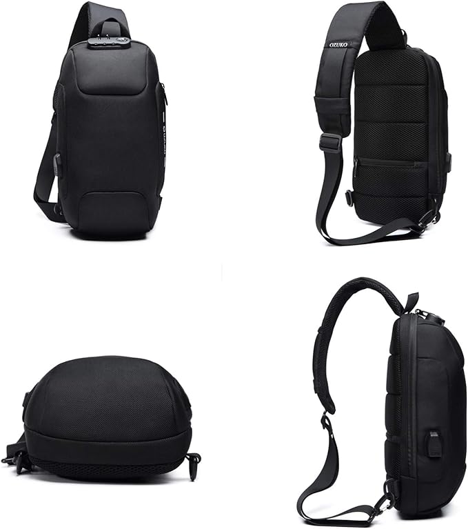 OZUKO Men Sling Backpack - Anti-Theft Crossbody Bag with USB Charging Port, Waterproof Lightweight Travel Hiking Commute Bag(Black)