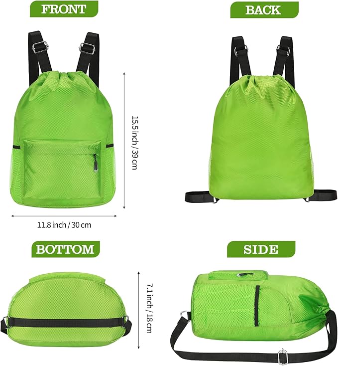 Waterproof Drawstring Bag, Lightweight String Backpack with Water Bottle Holder and Pockets, Gym Sports Cinch Sackpack (Green)