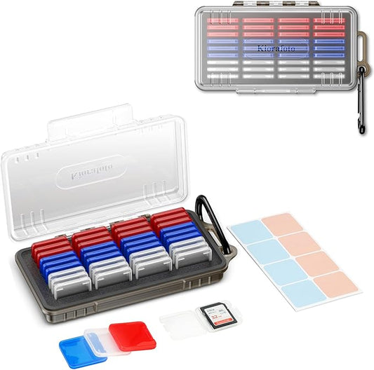 36 Slots SD Card Case with 36 Individual Clear Plastic Memory Card Cases for 36x SD SDXC SDHC Cards,Water-Resistant Anti-Shock Camera SD Card Holder Organizer with Carabiner & Labels - Transparent