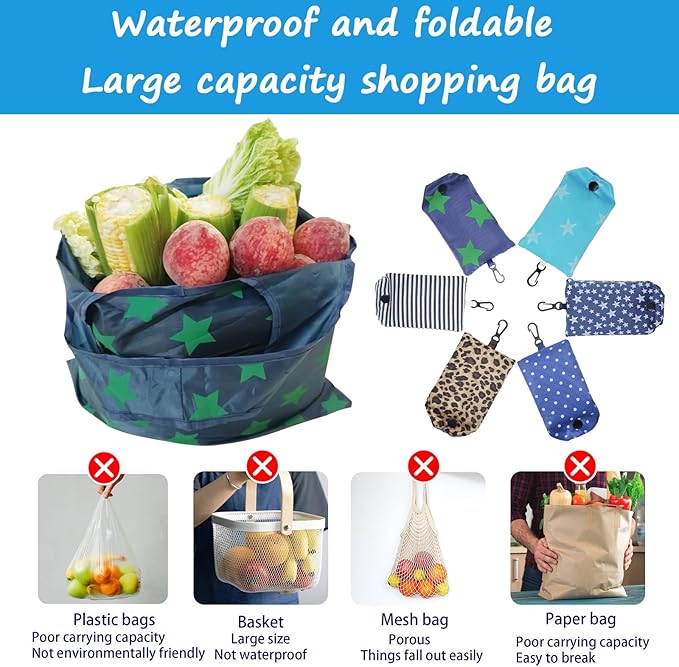 DXMWWTP 6 Pcs Foldable Reusable Shopping Bags,Tote Bags, Grocery Bags with Hook, Eco-friendly Travel Recycle Shopping Bags in Pocket, Waterproof and Machine Washable for Daily Shopping Supplies