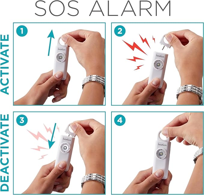 Ivation Personal Rechargeable SOS Alarm, Pocket Size Loud 130dB Sound Safety Siren & LED Panic Strobe Light with Carabiner Keychain Clip for Women, Children & Seniors, White