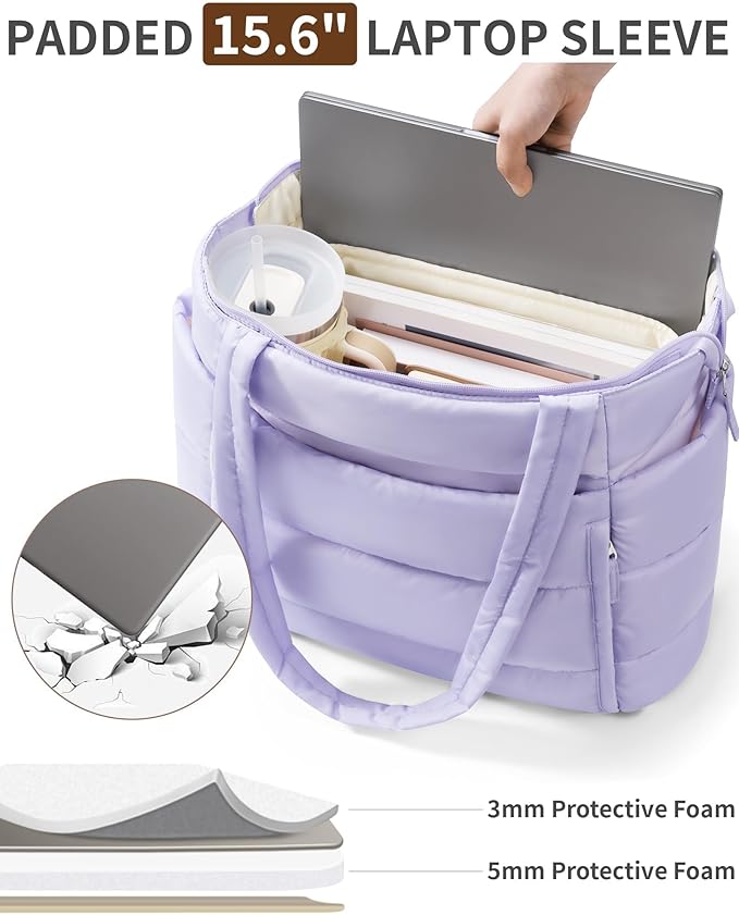 Bagstellar Puffer Tote Bag for Women, Lightweight Puffy Work Handbag Teacher Nurse Quilted Shoulder Bag for School Travel Gym | Cloud Bag w/ Zipper