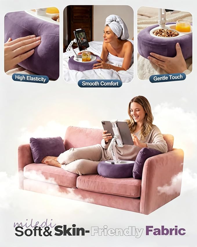 Miledi Tablet Pillow Stand, Compatible with 5"-12.9" Kindle, iPad, Phone/Tablet, 360° Rotating Phone Holder for Bed, Soft Plush Fabric, Detachable Bowl, Reading and Relaxation on Bed, Purple
