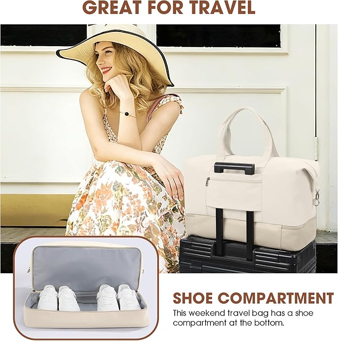 Women's Weekender bag Travel Duffel Bag with Shoe Compartment 21-inch Airline-Approved Carry-On, 2-Piece Overnight Bag Set Personal Item Luggage
