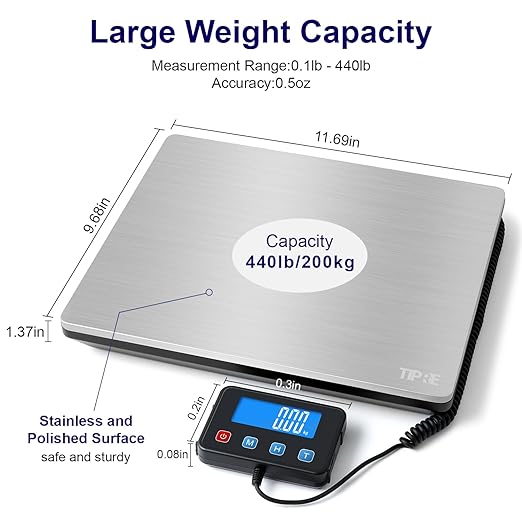 TIPRE Shipping Scale 440lbs for Packages, Heavy Duty Digital Postal Scale with LCD Display 0.35 oz High Precision Express Scale with Type-C Charging & Batteries Smart Hold/Tare for Small Business Home