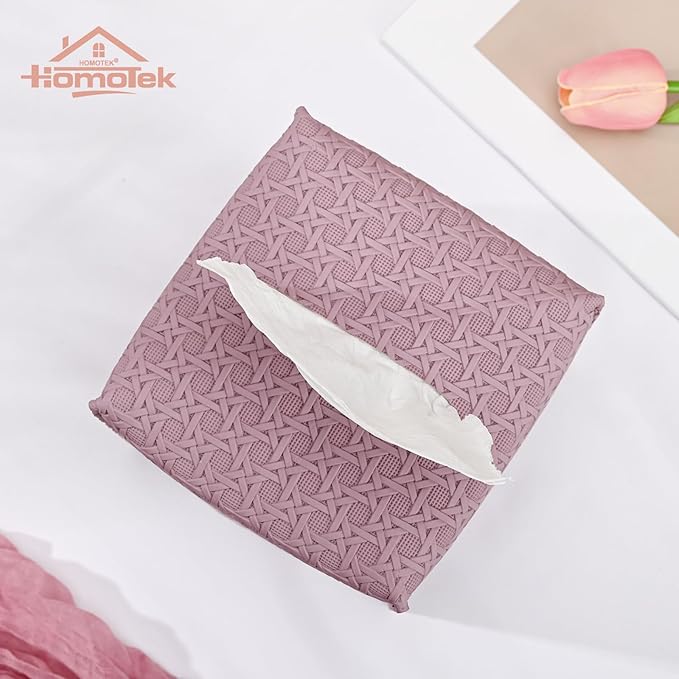 HOMOTEK 2 Pack Tissue Box Cover, Square PU Leather Tissue Holder, Decorative Facial Tissue Cube Paper Organizer Dispenser for Bathroom, Night Stands, Desk, Car 5X5X5'' - Rattan Weave,Plum Red