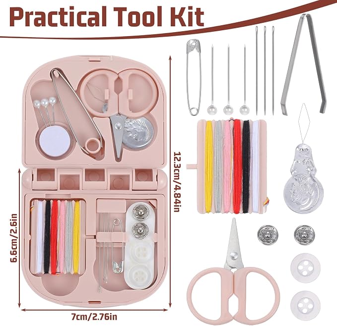 Matwsec 2 Pack Mini Sewing Kit, Portable Emergency Sewing Repair Kit for Travel, PP & Stainless Steel Compact Sewing Supplies with Threads Needles Scissors Threader Pink & Blue, 2.76×2.60in