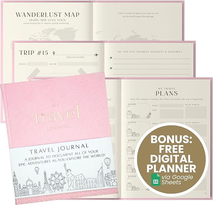 Inspired Ink Travel Journal for Women and Men Travel Bucket List Journal 210 Pages Traveler Adventure Notebook – Itinerary Planner Organizer & Traveling Memory Diary Memorial Gift for Travelers - Pink
