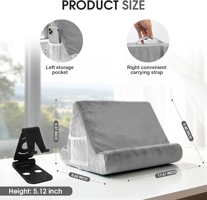 Multi-Angle Tablet Stand with Soft Pad and Net Pocket - Universal Lazy Holder for Lap, Knee, Sofa and Bed(Grey)