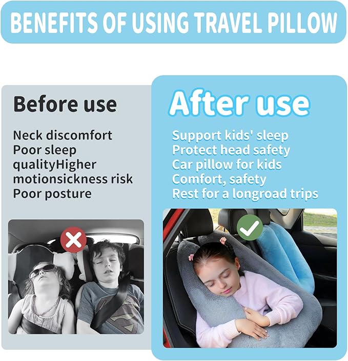 Car Pillow for Kids, Travel Pillow for Car, Car Sleeping Pillow for Kids and Adults with Adjustable Strap, Car Travel Essentials, Road Trip Pillow for Head and Neck Support,Pink