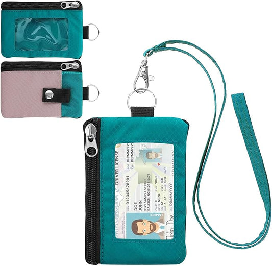 Minimalist RFID Wallet with Lanyard, Multi-Functional ID Case with 2 Zipper Pockets and Key Chain for Men and Women, Tactical Badge Pouch Cards Holder, Coin Purse for Travel - Peacock&Pink