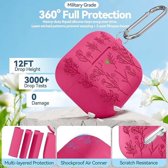 for Airpods 4 Case, Ekoonpft Flower Engraved Cases for Apple AirPods 4th Generation 2024, Soft Silicone Cover for Women Girly with 3-in-1 Cleaning Kit & Keychain, Anti-Scratch, Shockproof, Garnet Red