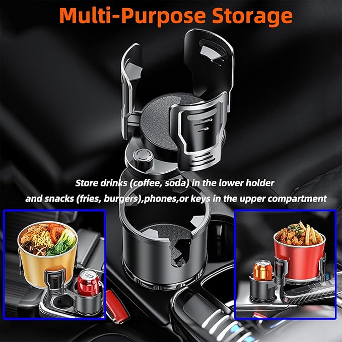 2-in-1 Adjustable Car Cup Holder Expander & Organizer – Dual Automotive Drink Holder for Bottles, Snacks, Phones – Fits Most Vehicles (3.0"-5.9" Diameter, 20 oz Capacity, Non-Slip Base) Black