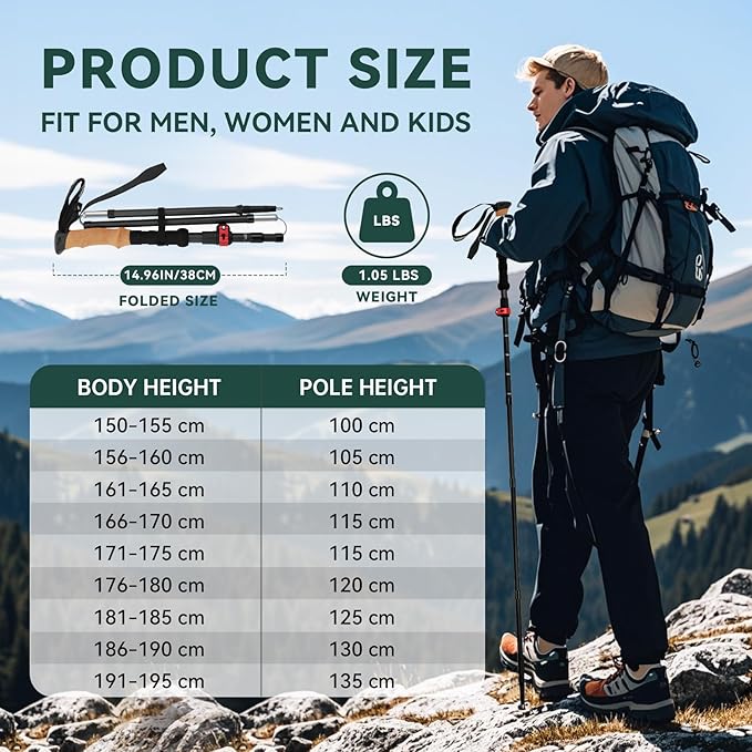 Carbon Fiber Trekking Poles - Lightweight Collapsible Hiking Poles, 2 PCS Nordic Hiking Sticks for Travel, Backpacking Walking Sticks for Men, Women, Seniors with Cork Grip & Quick-Lock System
