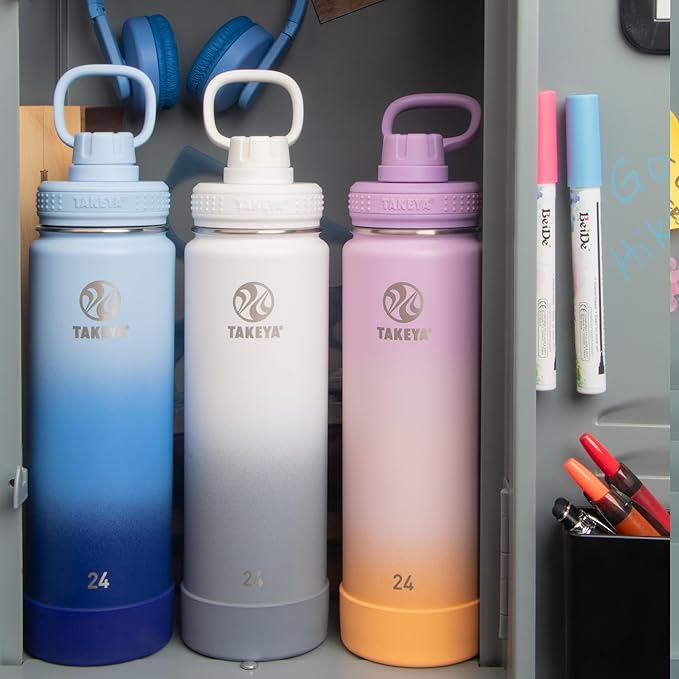 Takeya Actives Stainless Steel Water Bottle, Insulated Spout Lid, Keeps Drinks Cold 24 Hrs, Leakproof, Durable, Dishwasher Safe, Ideal for Gym, Travel, Fits Most Cup Holders, 24 oz/Ombre Morning Mist
