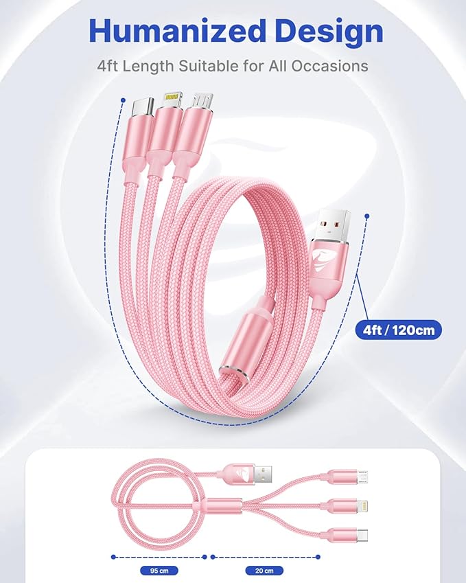 Aioneus Multi Charging Cable, 2Pack 4FT Multi Charger Cable Universal 3 in 1 Charging Cord Nylon Braided Multiple USB Adapter with Type-C, Micro USB Port Connectors for Cell Phones and More (Pink)