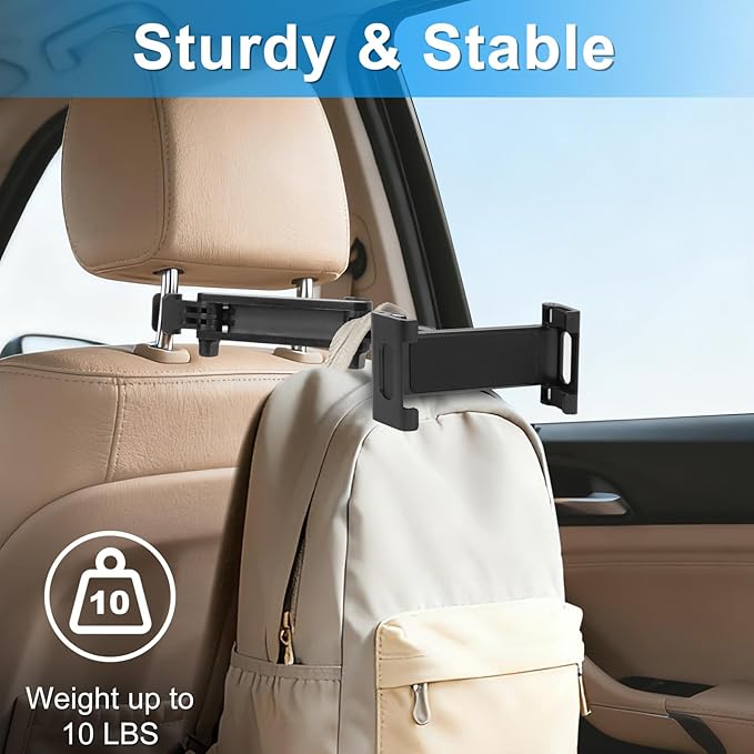 Tablet Holder for Car Headrest, Adjustable 360° Rotating Car Tablet Mount, Car Back Seat Stand for iPad, Road Trip Essentials for Kids, Compatible with 5.2-10.3" iPad Pro, Air, Mini, Galaxy