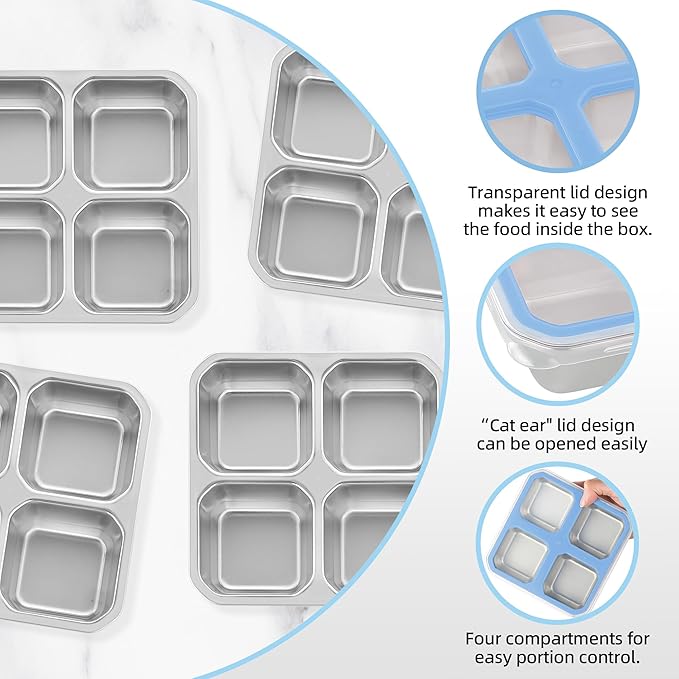 BEFOY 4 Pack Stainless Steel Snack Containers with Lids 4 Compartment Food Storage Containers for Adults & Kids Meal Prep Containers Reusablele (Sky blue, 4)