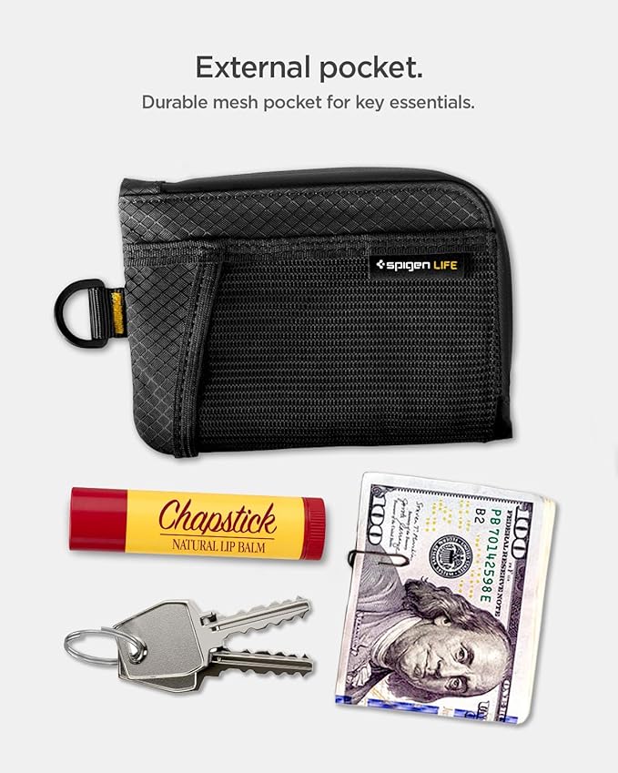 Spigen Life for Soft Material Card Wallet, RFID Blocking Slim EDC Wallet with Mesh Pocket, D-Ring Strap, Waterproof YKK Zipper, Lightweight Everyday Carry Card Holder - Black
