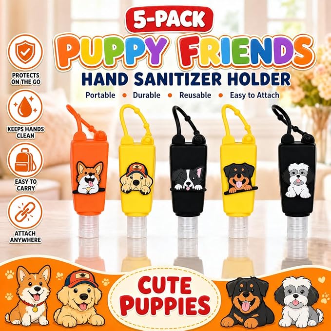 5-Pack Cartoon Kids Hand Sanitizer Holder, 30ml Travel Size Refillable Bottles with Silicone Case, Leak-Proof Portable Containers for Lotion & Liquid Soap (Puppy Pal)