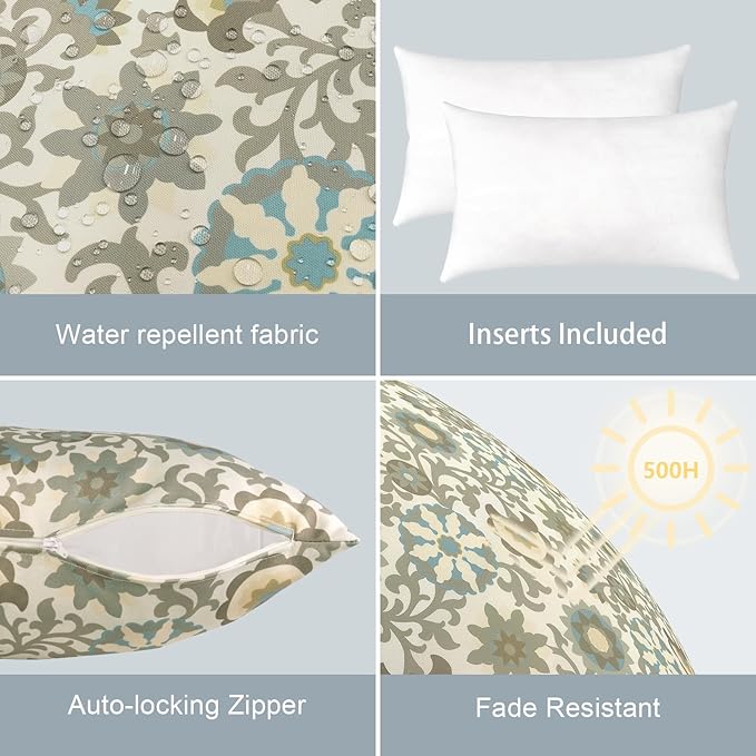 LVTXIII Outdoor/Indoor Lumbar Pillows, Decorative Patio Lumbar Cushions, Fluffy Water Repellent Garden Cushions for Home Patio Coach Sofa Use, 12×20 Inch, Pack of 2, Floral Symphony‌