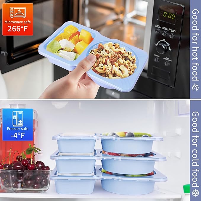 20 Pack Reusable Snack Containers with Lids - Double Compartment Condiment Snack Pack Containers with 20 Forks, Microwave Safe Portion Control Containers for Meal Prep, Take-out, Party & Travel(Blue)