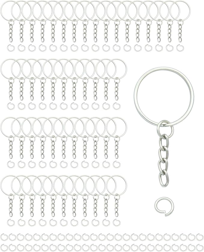 50Sets 1 inch Keychain Rings Silver Split Round Key Ring with Chain and Open Jump Rings for DIY Keychain Making Crafts
