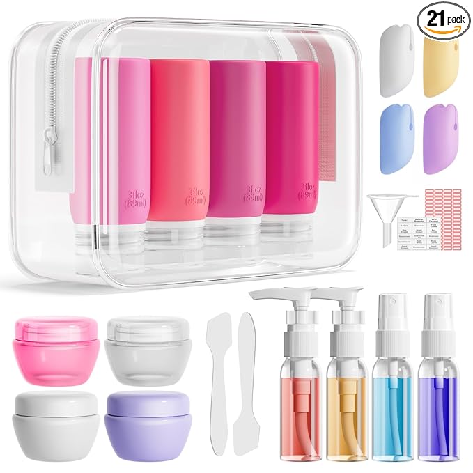 Muslish 21 Pack Travel Bottles for Toiletries, Leak-Proof TSA Compliant Silicone Travel Size Containers for Shampoo and Conditioner, BPA Free with Toiletry Bag (Pink)