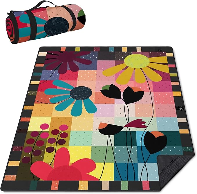 Abstract Floral Picnic Blankets Waterproof Foldable, 60″X80″ Thick Picnic Mat Outdoor Blanket for Grass, Modern Beach Blanket Sandproof Picnic Accessories for Camping Party Park Travel