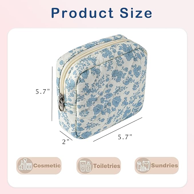 RSRSLEII Small Quilted Cosmetic Pouch for Purse, Mini Cotton Makeup Bag with Compartments, Cute Zipper Lipstick Holder for Women (07LightBlue Flower)