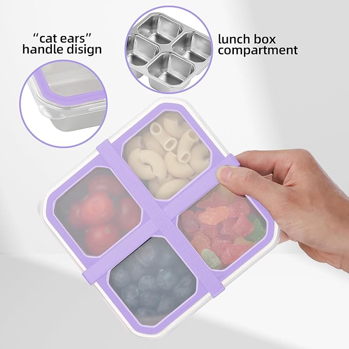 BEFOY 4 Pack Stainless Steel Snack Containers with Lids 4 Compartment Food Storage Containers for Adults & Kids Meal Prep Containers Reusablele (Purple, 2)