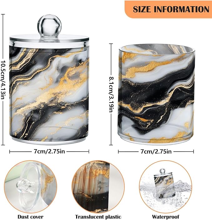 2 Pack Qtip Holder Organizer Dispenser Black Gold Grey Marble Texture Bathroom Storage Canister Cotton Ball Holder Container for Cotton Pads/Swabs/Floss