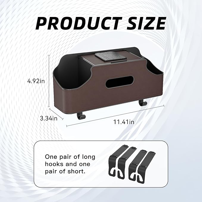 Car Headrest Backseat Organizer, Multi-Functional Vehicle Headrest Hanging Storage Box with Hook Cup Phone Holder Tissue Box, Universal Automotive Interior Seat Back Organizer (Brown)
