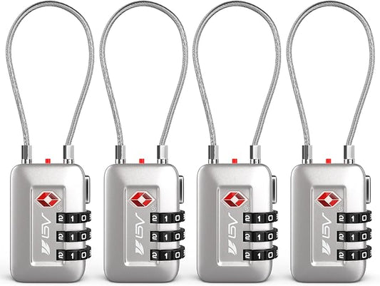TSA Accepted Luggage Travel Lock, Set-Your-Own Combination Lock for School Gym Locker, Luggage Suitcase Baggage Locks, Filing Cabinets, Toolbox, Case (Silver, 4 Pack)
