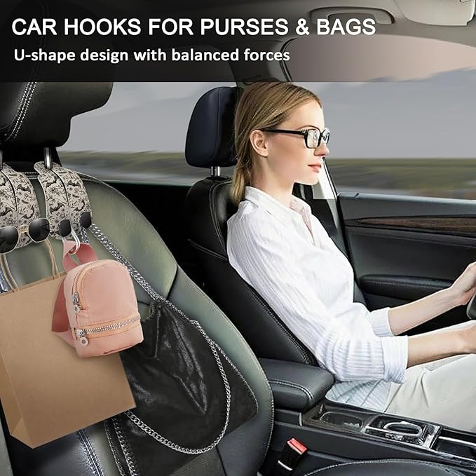 Blusabaca 2PCS Car Hooks for Purses and Bags, Goth Gothic Seat Back Storage Headrest Holder Hanger PU Leather Double Metal Hook for Backseat Organizer, Women Car Accessories Organization