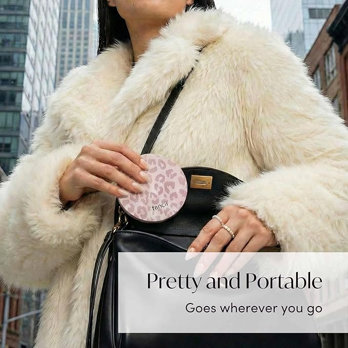 Fancii Mini Taylor Compact Magnifying Mirror with LED Light, 10x/1x, Rechargeable, 3 Light Settings, Dimmable-Small Lighted Travel Handheld Mirror for Pocket, Handbag, Purse, 2-Sided (Cosmic Leopard)